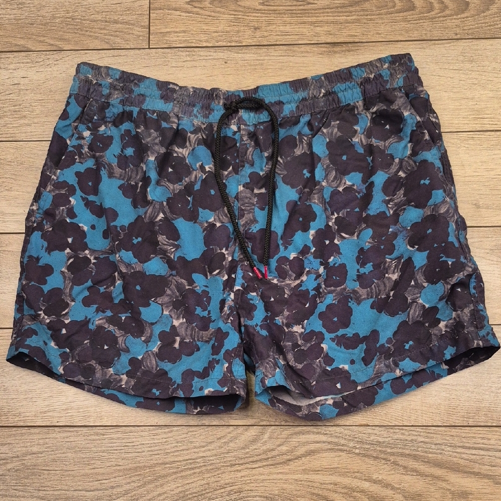 PAUL‎ SMITH Blue Navy Black Floral Pattern Large Mens Beach Swim Trunks VTG RARE